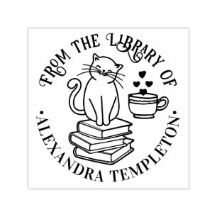 Tampon Auto-encreur Chat assis sur des livres #3, Tasse de café Biblio
