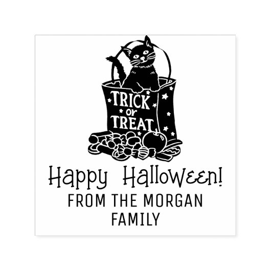 Tampon Auto-encreur Chat en Trick Treat Bag Happy Halloween Wish Nom (Design)