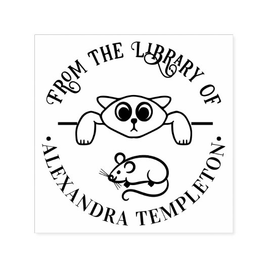 Tampon Auto-encreur Chat Mignon Regardant Souris Autour du Nom du Livr (Design)