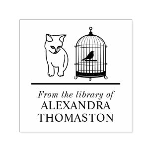 Tampon Auto-encreur Chat regardant oiseau en cage Nom du livre de bibl