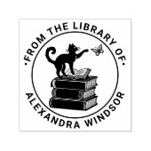 Tampon Auto-encreur Chat sur les livres frappant papillon Nom du livre (Design)