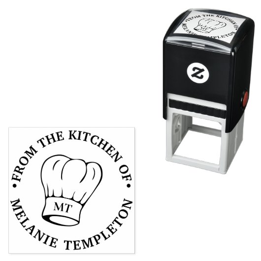 Tampon Auto-encreur Chef Casquette Toque "De la cuisine de" Nom Initia (En situation)