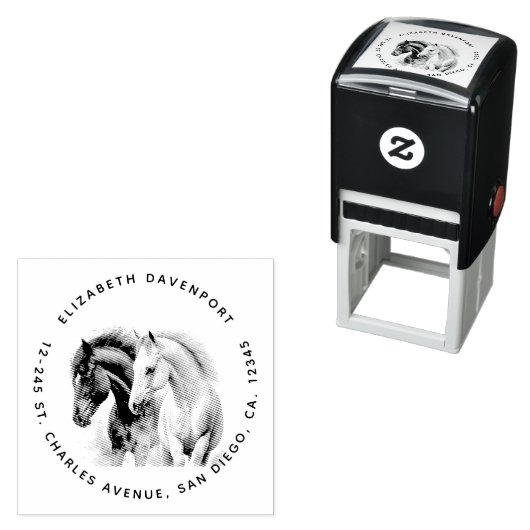 Tampon Auto-encreur Chevaux noir et blanc en aquarelle (En situation)