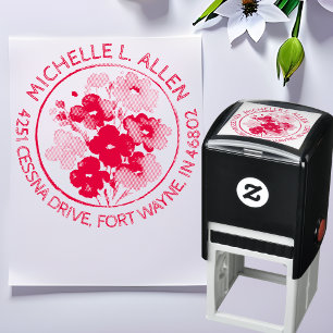 Tampon Auto-encreur Chic Floral Rouge Adresse de Retour