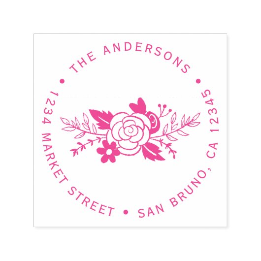 Tampon Auto-encreur Chic Fuchsia Roses Round Typography Adresse de ret (Design)