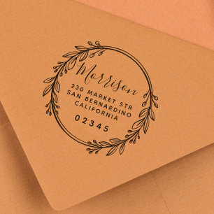Tampon Auto-encreur Chic Script personnalisé Botanique Wreath Adresse 