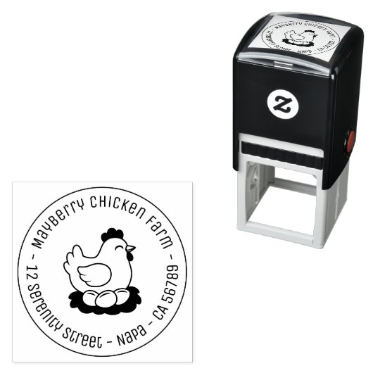 Tampon Auto-encreur Chicken on Nest with Eggs Round Address (En situation)