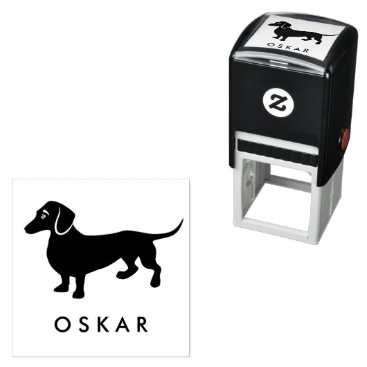 Tampon Auto-encreur Chien Dachshund avec nom (En situation)