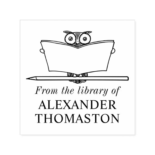 Tampon Auto-encreur Chouette lunaire Lecture Grand Livre Nom de la bib (Design)