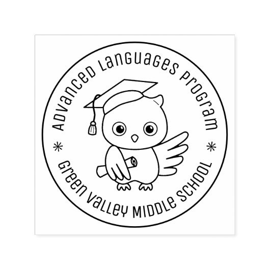 Tampon Auto-encreur Chouette mûre dans un texte rond Casquette de grad (Design)