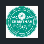 Tampon Auto-encreur Christmas Cheval Winter Adresse de retour personne<br><div class="desc">Christmas Cheer Winter Personal Return Address Self Inking Stamp contient votre nom et adresse de retour personnalisés dans un script moderne entourant le texte "Christmas Cheer" dans un script moderne accentué avec un renne, des flocons de neige et de la verdure. Parfait pour les cartes de Noël, les cartes de...</div>