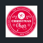 Tampon Auto-encreur Christmas Cheval Winter Adresse de retour personne<br><div class="desc">Christmas Cheer Winter Personal Return Address Self Inking Stamp contient votre nom et adresse de retour personnalisés dans un script moderne entourant le texte "Christmas Cheer" dans un script moderne accentué avec un renne, des flocons de neige et de la verdure. Parfait pour les cartes de Noël, les cartes de...</div>