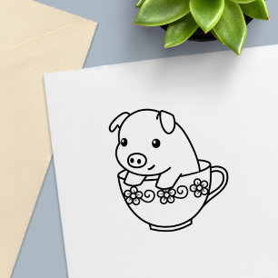 Tampon Auto-encreur Cochon de porc mignon dans un thé
