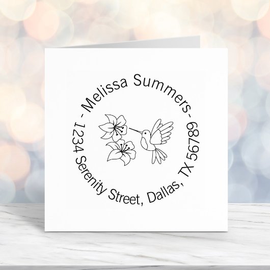 Tampon Auto-encreur Colibri près de Fleurs Adresse ronde