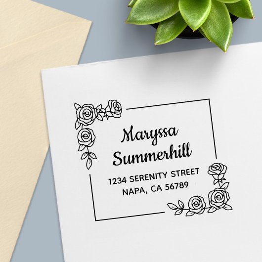 Tampon Auto-encreur Corner Rose Flowers Bouquet Address