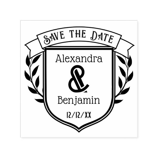 Tampon Auto-encreur Couple Crest Ribbon Botanical Enregistrer la date  (Design)