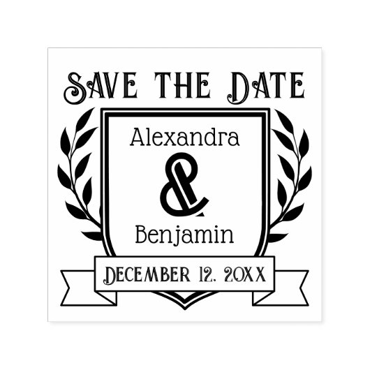 Tampon Auto-encreur Couple Crest Ribbon Botanique Enregistrer la date (Design)