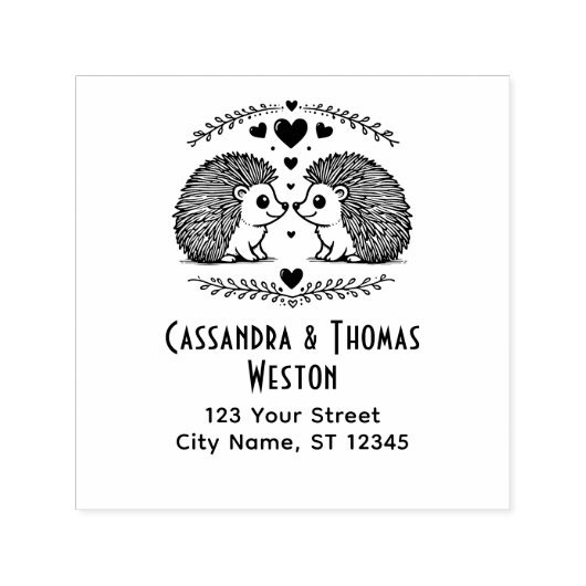 Tampon Auto-encreur Couple de Hérisson mignon dans l'amour Nom Adresse (Design)