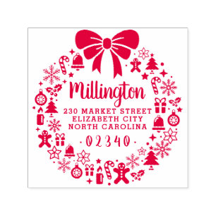 Tampon Auto-encreur Couronne de Noël Nom de famille Adresse de retour