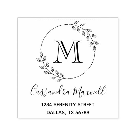 Tampon Auto-encreur Couronne ronde, Feuille Monogramme 2 Adresse (Design)