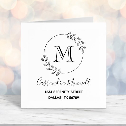 Tampon Auto-encreur Couronne ronde, Feuille Monogramme 2 Adresse