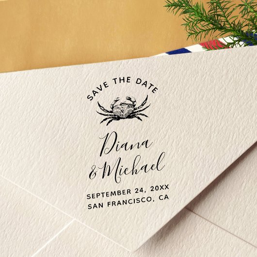 Tampon Auto-encreur Crabe nautique ÉCONOMISER LA DATE Calligraphie