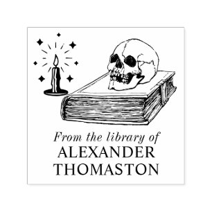 Tampon Auto-encreur Crâne gothique sur livre ouvert Bougie Bibliothèqu