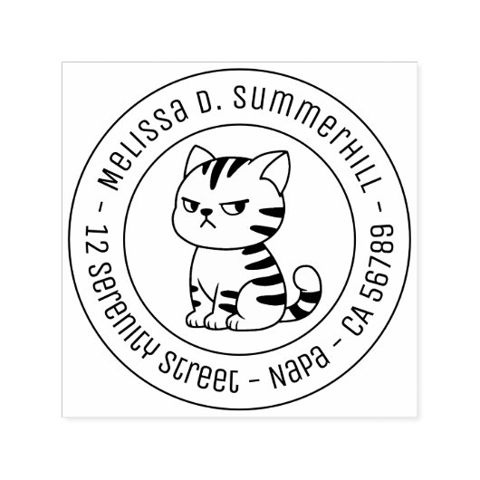 Tampon Auto-encreur Cranky Tabby Cat Round Address (Design)