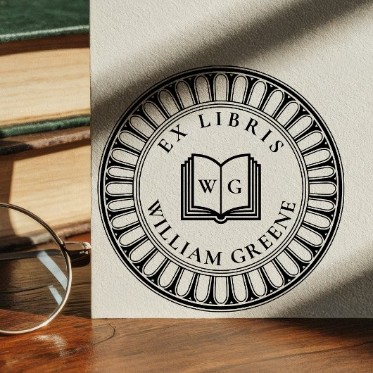 Tampon Auto-encreur Créez votre propre livre ouvert Monogram Ex Libris
