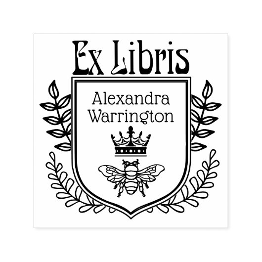 Tampon Auto-encreur Crête botanique Abeille avec couronne Ex Libris No (Design)