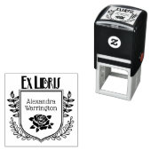 Tampon Auto-encreur Crête botanique Rose Ex Libris Nom du livre (En situation)