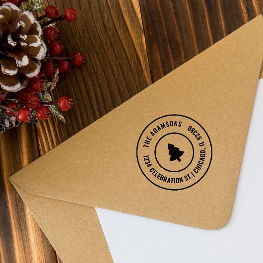 Tampon Auto-encreur Custom Festif Arbre de Noël Round Adresse familial