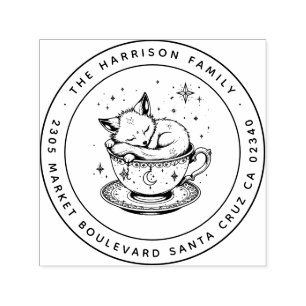 Tampon Auto-encreur Cute Baby Fox Curled up in Teacup Adresse de retou