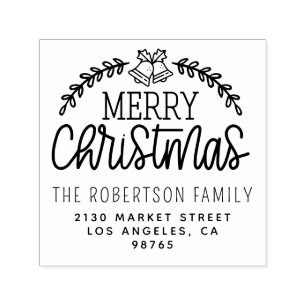 Tampon Auto-encreur Cute Bells Noël Nom de famille Adresse de retour