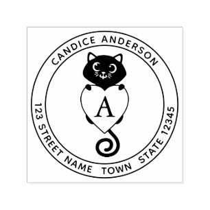 Tampon Auto-encreur Cute Chat Noir Avec Monogramme Coeur
