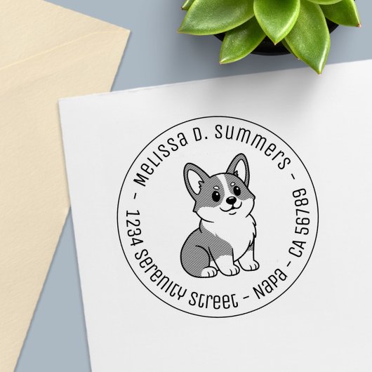 Tampon Auto-encreur Cute Corgi Dog Round Address