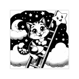 Tampon Auto-encreur Cute Kitty grimpe à l'échelle de la lune