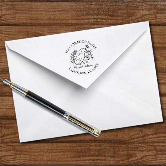 Tampon Auto-encreur Cute Labrador, Chiot, Fleurs, Adresse de retour