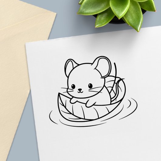 Tampon Auto-encreur Cute Little Mouse Leaf Boat