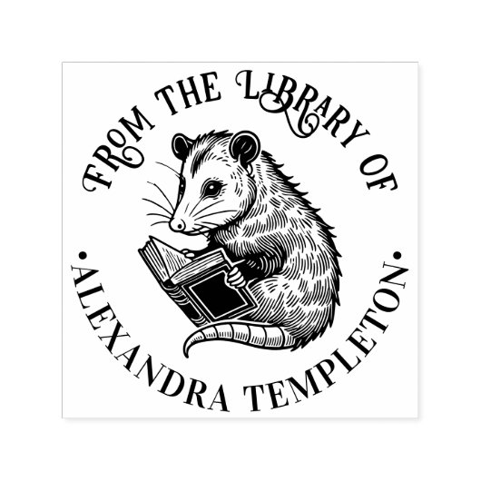 Tampon Auto-encreur Cute Opossum Lecture Livre #1P Bibliothèque Nom du (Design)