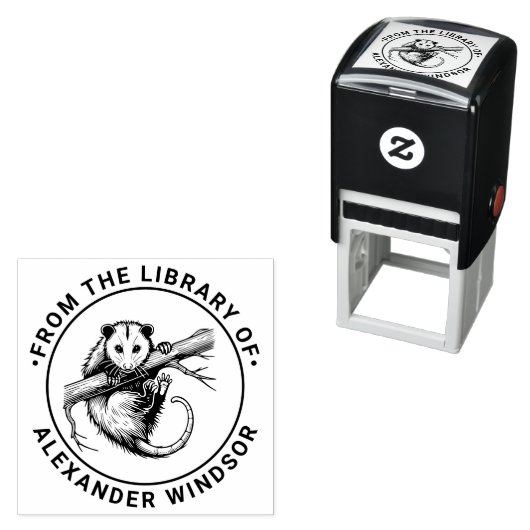 Tampon Auto-encreur Cute Opossum on Branch #2 Round Library Book Name (En situation)