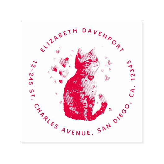 Tampon Auto-encreur Cute Tabby Chat avec Coeurs (Design)