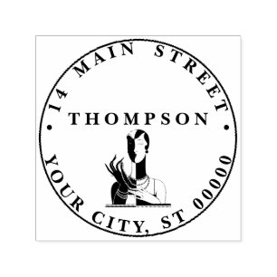Tampon Auto-encreur Dame Art Déco Vintage avec perles Adresse noire