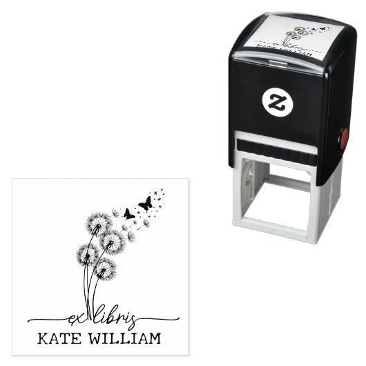 Tampon Auto-encreur Dandelion & papillons Custom ex libris (En situation)
