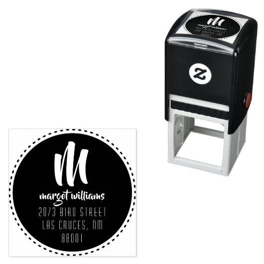 Tampon Auto-encreur Dash Cercle noir Monogramme Script Adresse personn (En situation)