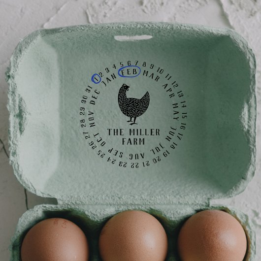 Tampon Auto-encreur Date moderne & Poulet Nom de la ferme Oeuf personn