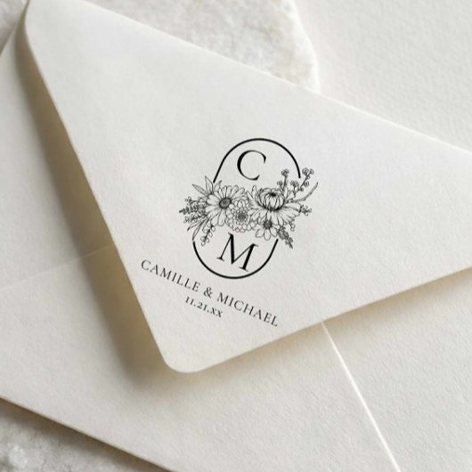 Tampon auto-encreur de monogramme de mariage flora