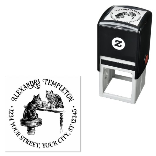 Tampon Auto-encreur Deux chats jouant aux échecs Match Nom Adresse de (En situation)