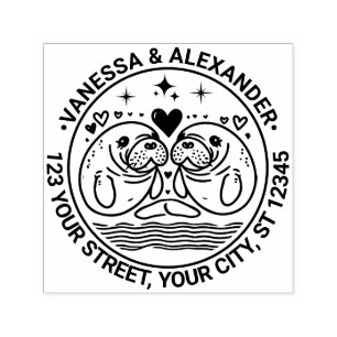 Tampon Auto-encreur Deux lamantins amoureux nom de couple adresse de r