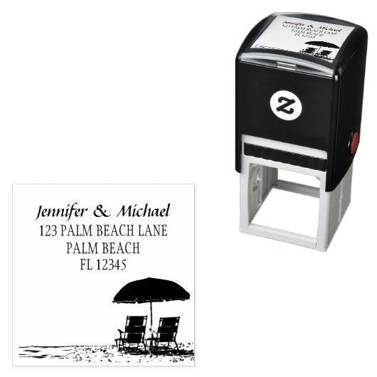 Tampon Auto-encreur Deux transats, parasol de l'océan mariage plage (En situation)